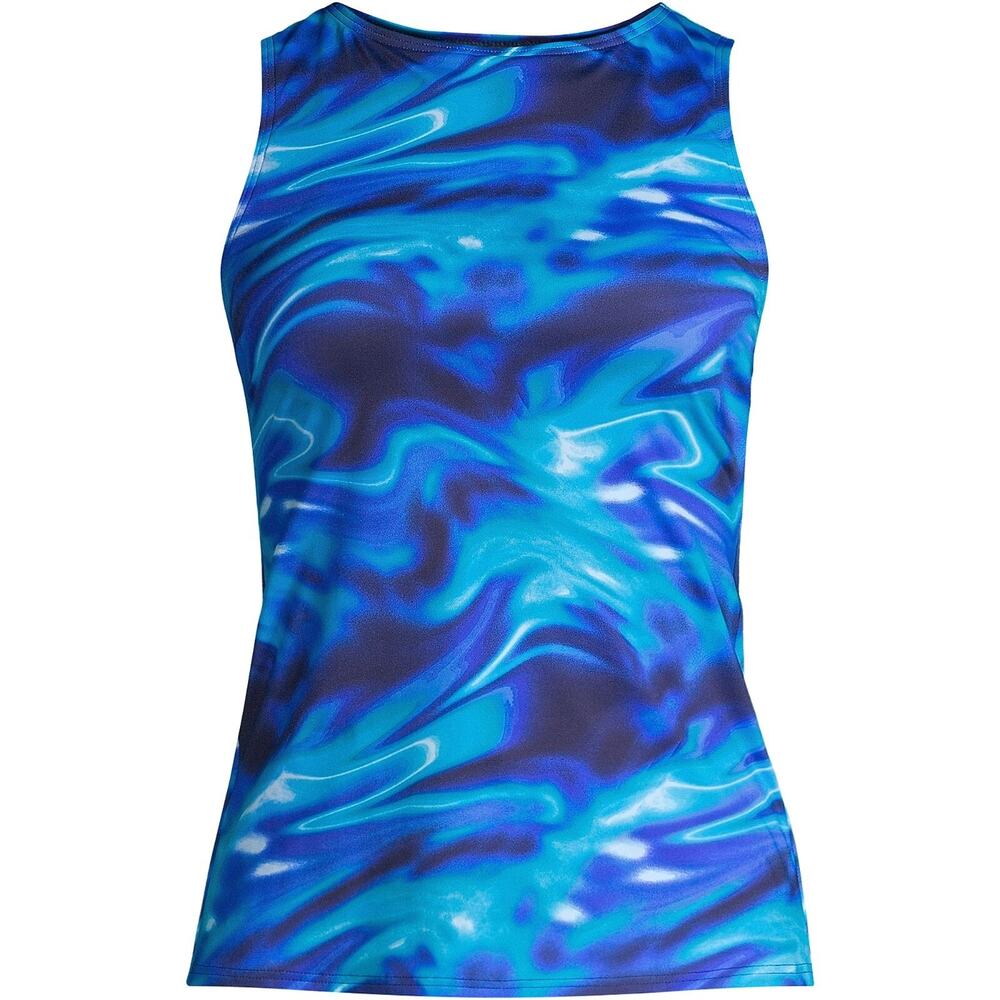 Lands End 2P Tankini Swim Top High Neck Chlorine Resistant Blue Swirl Modest